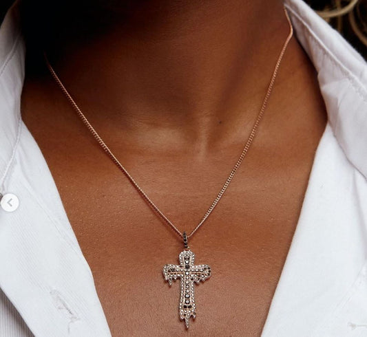 Drip Cross Black Diamond Necklace in 18K Gold