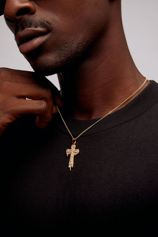 Drip Cross Diamond Necklace in 18K Gold