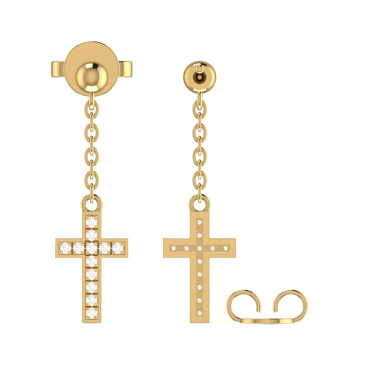 Drop Cross Diamond Earrings in 18K Gold