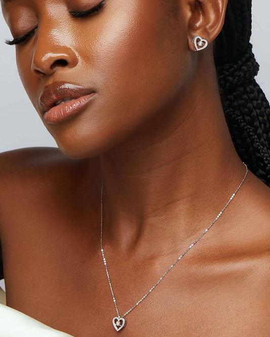 Eternal Natural Diamond Heart Pendant Necklace & Stud Earrings Set