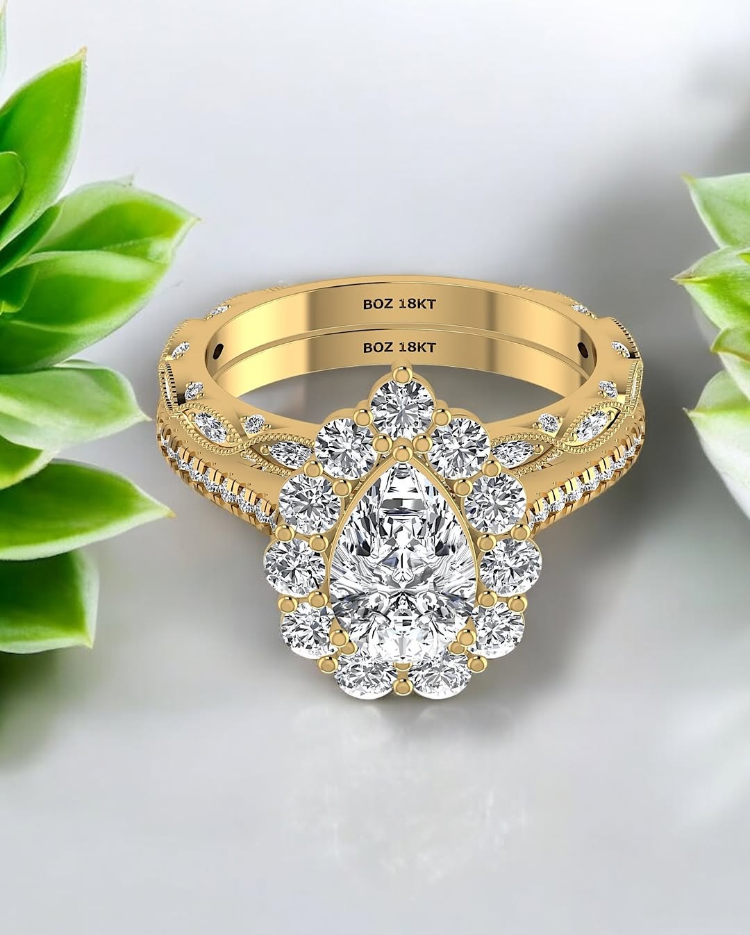 BOZ La Vie Pear Cut Moissanite Bride Set in 18K Gold